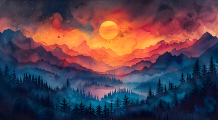 Sky Selector: Watercolor Landscape with Revealable Day or Night Skies - obrazy, fototapety, plakaty