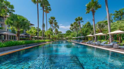 Hotel luxury outdoor swimming pool. Paradise. Tourism. Travel. Relaxation. Calmness. Vacation.