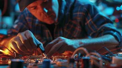 Skilled Electrician Working on Electronic Circuitry Close-Up