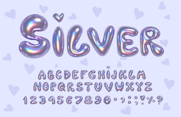 Silver Metallic Trendy 3D Bubble Rainbow Refraction Gradient Font . Full Vector. 3d Letters, alphabet, numbers in y2k style with heart shape. Font for Holidays