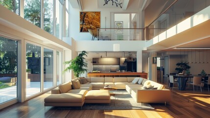 Chic Living Space with Mezzanine Level, Modern Home Design - obrazy, fototapety, plakaty