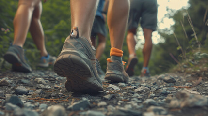 a group hiking in the mountain, close up of a group of hikers on a hike through nature