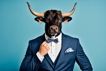 Anthropomorphic friendly bull wearing suit formal business suit against blue backdrop