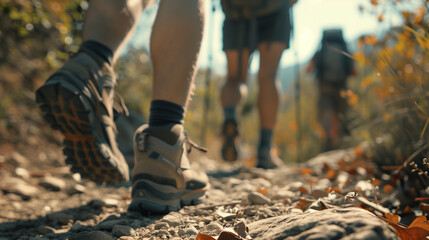 a group hiking in the mountain, close up of a group of hikers on a hike through nature