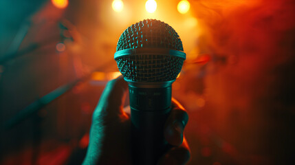 Microphone and male singer close up. man singing into a microphone, holding mic with hands. Close Up of Karaoke Microphone. Stage Spotlight.	