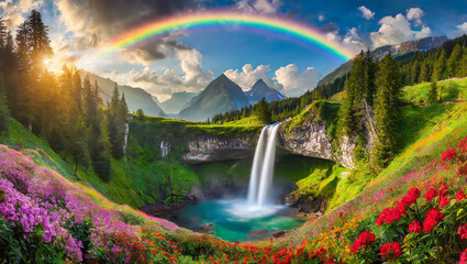 Firefly a waterfall in a greenery mountain surrounded by colorful flowers and trees with a rainbow