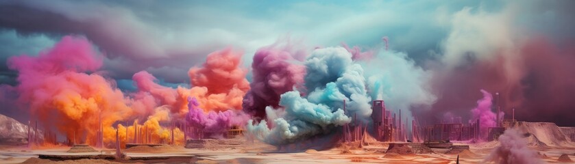 Furnaces of unknown origin belching out plumes of colorful smoke in a surreal, dreamlike landscape