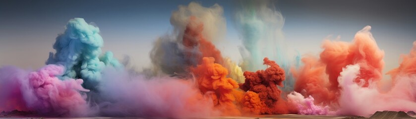 Furnaces of unknown origin belching out plumes of colorful smoke in a surreal, dreamlike landscape - obrazy, fototapety, plakaty