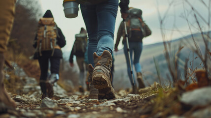 a group hiking in the mountain, close up of a group of hikers on a hike through nature