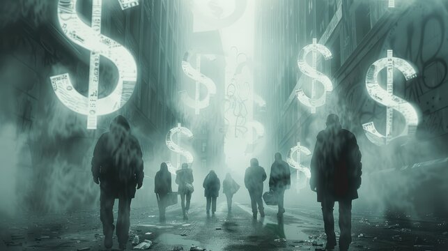 Individuals walking along a shadowy road adorned with dollar signs, depicting the journey of greed. Generative AI.