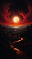 A celestial event where the moon eclipses a planet, casting a dark shadow over the landscape , vibrant color - obrazy, fototapety, plakaty