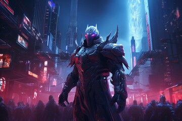 A knight standing tall in a futuristic cityscape, surrounded by neon lights and remnants of Berserkers past