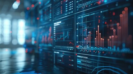 There are 3 types of data such as bar graphs and pie charts, the background is navy, an image of digital transformation, the background is navy with a lot of white space. Generative AI.