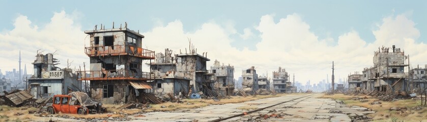Fototapeta na wymiar A world where society has crumbled, leaving only desolate landscapes and abandoned buildings