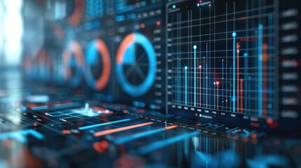 There are 3 types of data such as bar graphs and pie charts, the background is navy, an image of digital transformation, the background is navy with a lot of white space. Generative AI.