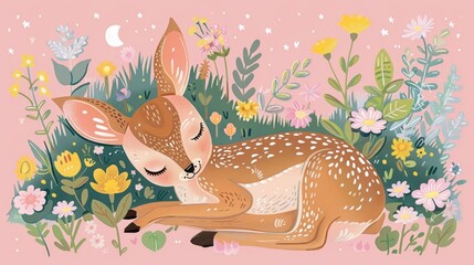   A baby deer naps amidst a field of wildflowers and daisies against a soft pink backdrop