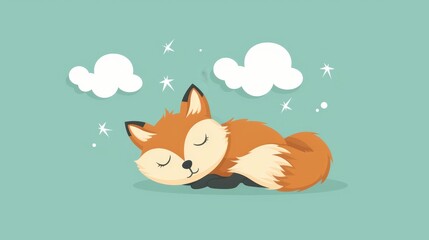   A sleeping fox with closed eyes against a blue backdrop, adorned with white clouds and speckled with stars
