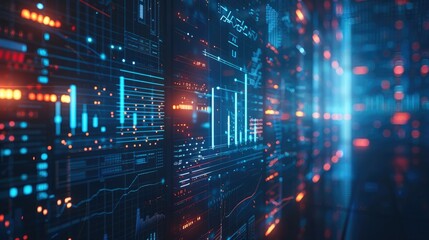 There are 3 types of data such as bar graphs and pie charts, the background is navy, an image of digital transformation, the background is navy with a lot of white space. Generative AI.