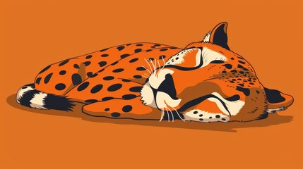   A leopard, orange and black in hue, lies down on an orange backdrop, its fur bearing distinctive orange spots