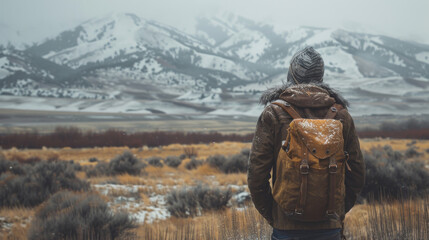 Wide shot of hiker in the mountains. Standing in the distance with his back turned away from us, overlooking vast snow-covered mountain range.	