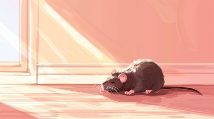   A rat sits on the floor, gazing at the camera with wide-eyed surprise, facing a door