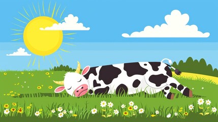   A black-and-white cow reclines in a lush grass field, surrounded by daisies Sun glows behind