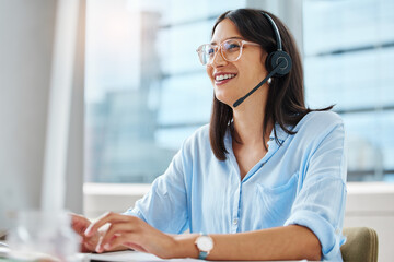 Computer, email or happy woman consultant in call center talking or networking online in telecom...