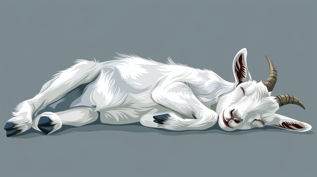   A white goat lying on its side against a gray backdrop, featuring a black-and-white stripe