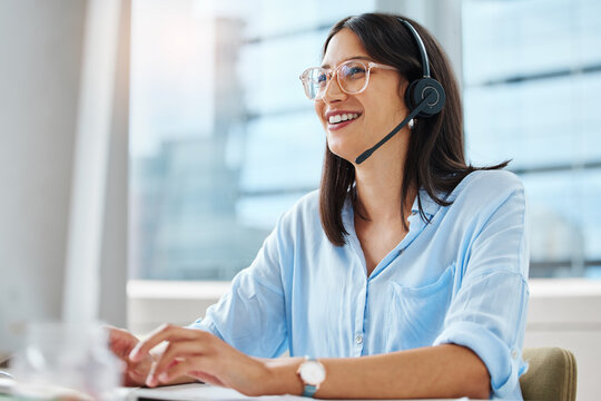 Computer, email or happy woman consultant in call center talking or networking online in telecom office. Smile, girl typing or virtual assistant in communication or conversation at customer services