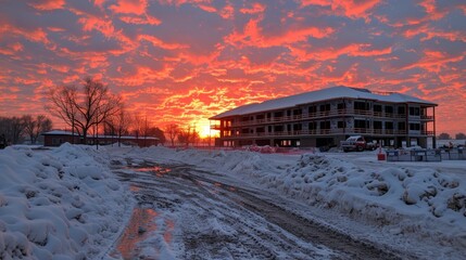   A snow-covered road borders a building, with a sunset painting the sky red Few clouds scatter the horizon