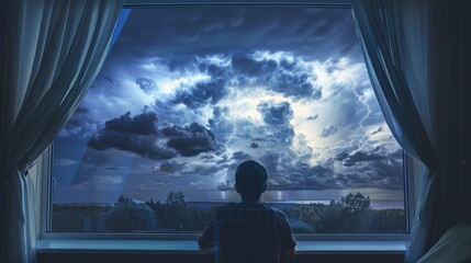 Individual Experiencing Lightning Show from Indoors - obrazy, fototapety, plakaty