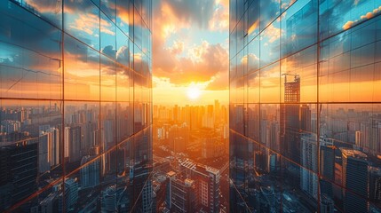   A panoramic city view from atop a skyscraper, sunset mirrored in its windows