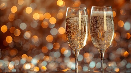   Two glasses of champagne on a table against a blurred backdrop of lights and bokeh of lights - obrazy, fototapety, plakaty