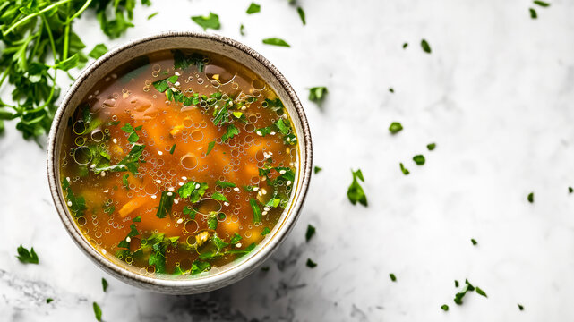 tasty and healthy hot chicken beef bone broth, soup in a white bowl, free copy space for text