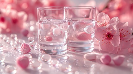   A tight shot of two glasses, each holding water A single flower rests delicately beside them, its petals kissing the rims; droplets of water cling to