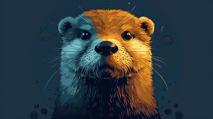 Stylish anthropomorphic otter in a teal jacket and orange scarf against an abstract background - obrazy, fototapety, plakaty