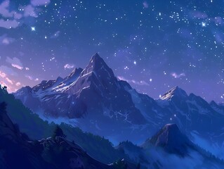 Majestic Mountaintop Under a Starry Night Sky A Serene Escape into Nature s Grandeur - obrazy, fototapety, plakaty