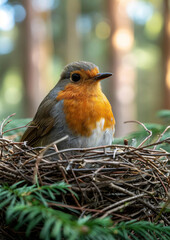 Beautiful Robin sitting in nest on tree branch.