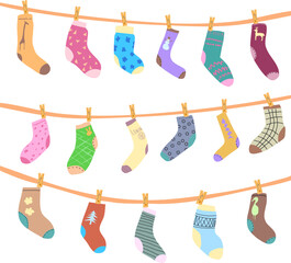 Socks of different shapes and colors hang on ropes with clothespins after washing. Vector illustration socks and knee socks with drawings and patterns on fabric. Funny bright images with no background
