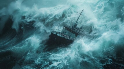 In the middle of massive waves during a storm, a ship is sinking