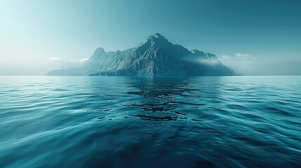Black environment, calm sea level with a small mountain. Generative AI. - Powered by Adobe
