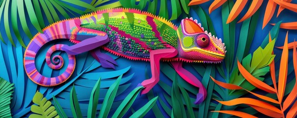 Neon colors and an abstract artwork paper cut of a chameleon in forests