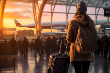 A woman wearing a brown coat and carrying a backpack stands in front of an airplane in the terminal at dawn. She is carrying a suitcase and a backpack, generative ia