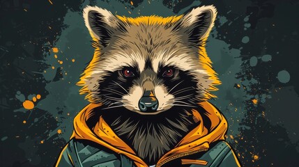Stylish anthropomorphic raccoon wearing a yellow jacket in a gritty, urban design - obrazy, fototapety, plakaty