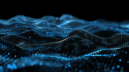 Dynamic Digital Landscape with Abstract Blue Particle Waves ,Digital space abstract background, dark cyberspace with wavy data network and lights - obrazy, fototapety, plakaty