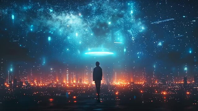 Starry Encounter: City Gazes at Mystical UFO. Concept City Lights, UFO Sighting, Mystical Encounter, Stargazing Adventure, Urban Mystery