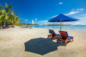 Amazing tranquil relax chairs umbrella tourism carefree. Maldives island beach. Tropical landscape...