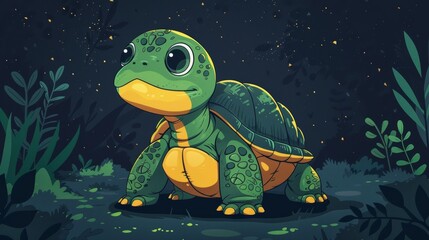 Colorful, street art inspired cartoon of a friendly turtle in an urban setting