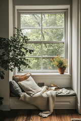 A cozy minimalist reading nook next to a window with natural light.