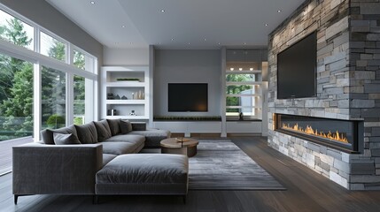 Living room modern minimal style with built-in wall decorate and tv cabinet with wooden and white marble and sofa set. 3d rendering,Spacious, bright and white living room with fireplace 

